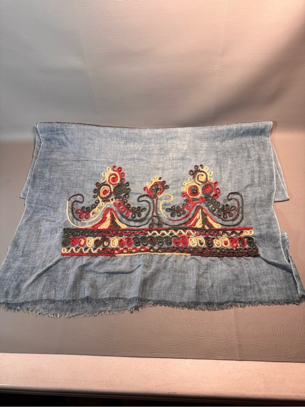 Lightweight Gray Blue Embroidered Scroll Work Scarf Shawl Wrap